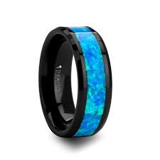 Poseidon Men S Black Ceramic Wedding Band With Blue Opal Inlay Black Ceramic Ring Black Wedding Rings Ceramic Wedding Bands