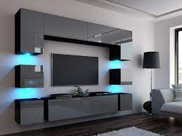 Die design hülsta wohnwand mit perfekter funktionalität, bringen viel stauraum ins wohnzimmer. Front In Grau Hochglanz Wohnwand Quadro Grau Schwarz Wohnwand Mit Viel Stauraum Led Beleuchtung Muebles Para Tv Modernos Muebles Para Tv Muebles Para Tv Led