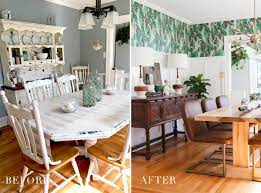 A shabby chic meets rustic white dining room with elegant vintage furniture, an old chandelier and potted plants and blooms. Before After Modern Vintage Dining Room Reveal Jessica Brigham