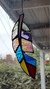 This Is Fully Handcrafted Unique Stained Glass Feather Suncatcher It Measures 3 X 7 1 2 O Stained Glass Diy Stained Glass Ornaments Stained Glass Suncatchers