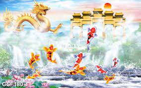 Thiết kế được thể hiện bằng kỹ thuật thủ công tinh xảo, chắp ghép nhiều chi tiết thêu, đính hạt, sequin. Tranh Ca Chep VÆ°á»£t VÅ© Mon In Gáº¡ch Psd