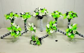 Black And Green Wedding Ideas Lime Green White Black Calla Lily Feather Damask Bridal Bouquet Package Black Wedding Flowers Lime Green Weddings Purple Calla Lilies