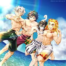 hana ni nare, iguro obanai, rengoku kyoujurou, shinazugawa sanemi, tomioka  giyuu, kimetsu no yaiba, highres, 4boys, abs, beach, black hair, blonde  hair, blue eyes, blue sky, green eyes, hair between eyes, heterochromia,