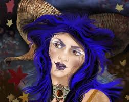 Weiblicher Druck mit Geweih/blauhaarige Göttin, Digitale Malerei/Geweih  weiblich/Göttin Wanddekor/Göttin Wandkunst