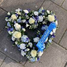 Buy purple memorials and funerals and get the best deals at the lowest prices on ebay! Blue And White Heart Shaped Wreath Funeral Flowers Tribute With Personalised Grandad Ribbon Heart Shaped Wreaths Funeral Flowers Flowers