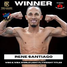 Rene "El Chulo" Santiago wins by UD to improve his record to 16-4, 9 KOs,  and retain the WBO & WBA World Light Flyweight titles. 🏆🥊 @elchulo_boxing  #renesantiago #chulosantiago #puertoricanboxing #lightflyweight