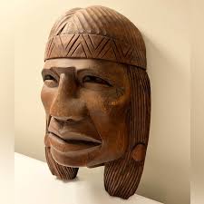 Vintage Hand Carved Wood Native American Indian Head Wall sculpture