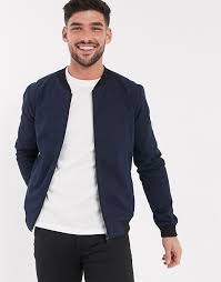 New Look Lightweight Cotton Bomber Jacket In Navy Asos In 2020 Blue Jacket Outfits Men Bomber Jacket Outfit Blue Bomber Jacket