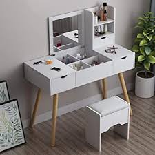 White Dressing Table Set Makeup Vanity Table With Mirror And Stool Large Storage Space Compartments And 2 In 2020 Dressing Table Mirror Desk Set White Dressing Tables