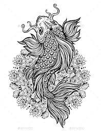 Black And White Koi Fish Tattoo With Flowers Koi Carp Fish With Lotus Flower Mandala Tattoos Vectors Lotus Flower Mandala Koi Carp Koi Tattoo