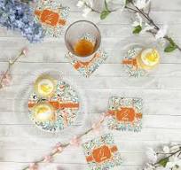 Orange & Blue Leafy Swirls Design Custom Plastic Party Dinner Plates - 10"