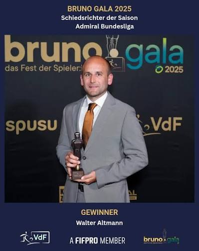 Nach dem Ehrenpreis folgt die nächste Auszeichnung der BRUNO Gala 2025!  🏆⚽️ Walter Altmann war der Schiedsrichter der Saison 2025! Mit starker  Präsenz, klarer Linie und großem Respekt auf dem Platz