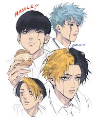 finn ames, lance crown, mash burnedead, rayne ames, mashle, highres, 4boys,  black hair, blonde hair, blue hair, brown eyes, chewing, copyright name,  facial hair, food, holding, holding food, looking at viewer, looking
