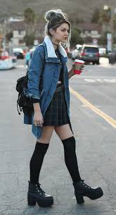 Faux Shearing Denim Jacket Crop Top Plaid Skirt Long Socks Nosebleed Boots Denim Jacket Fashion Fashion Grunge Fashion