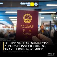 LOOK: PHILIPPINES TO RESUME EVISA APPLICATIONS FOR CHINESE TRAVELERS IN  NOVEMBER The Philippines will reopen its eVisa application system for  Chinese nationals this November, making it easier for travelers from China  to