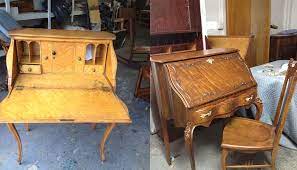 Antique Wood Desk Before And After Restoration We Added A Darker Stain And Repaired Sever Furniture Restoration Trendy Furniture Antique Furniture Restoration