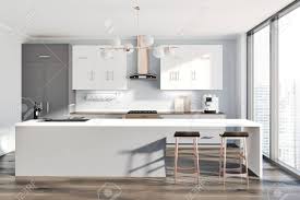 Maybe you would like to learn more about one of these? Interieur De Cuisine Moderne Avec Comptoirs Gris Et Blanc Une Table Et Deux Tabourets Murs Blancs Et Parquet Rendu 3d Banque D Images Et Photos Libres De Droits Image 97634323