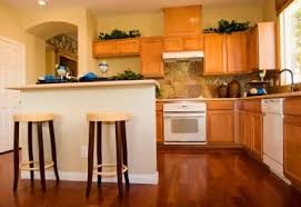 dark wood floors, oak kitchen cabinets