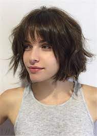 Women S Short Messy Brunette Bob Wavy Human Hair Capless Wigs With Bangs 10 Inches Short Hair Styles Hair Styles Short Hair With Bangs