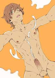 isshiki satoshi, shokugeki no souma, absurdres, highres, 10s, 1boy, abs,  brown hair, cum, ejaculation, erection, green eyes, male focus, muscular,  nipples, nude, open mouth, penis, solo, testicles, wince, wink 