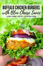 These Buffalo Chicken Burgers With Blue Cheese Sauce Are Low Carb Keto Friendly And Gluten Fre In 2020 Chicken Burgers Buffalo Chicken Burgers Chicken Burgers Healthy