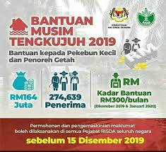 Berita baik bagi pekebun kecil yang berdaftar dengan risda, anda boleh memohon bantuan musim tengkujuh (bmt) dan menerima bantuan tunai sebanyak rm500 (sekali bayar). Bantuan Musim Tengkujuh Bmt 2019