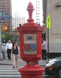 Typically installed on street corners, they were the main means of summoning firefighters before the general availability of telephones. Fire Alarm Boxes Ephemeral New York