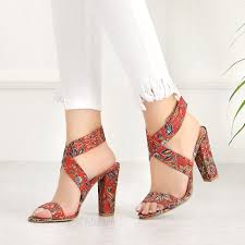 Sonala Turuncu Cicek Desenli Yuksek Topuklu Kadin Ayakkabi Topuklular Ayakkabilar Kadin