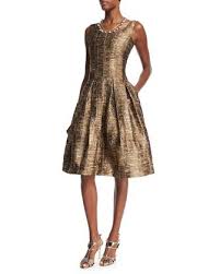 Oscar De La Renta Sleeveless Scoop Neck Metallic Matelasse Dress Dark Gold Brown Cocktail Dresses Metallic Cocktail Dresses Dresses