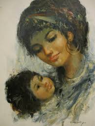 Magnificent Signed Massoud Original Oil Iranian Artist Mother & Child  Painting