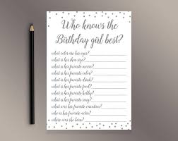 21st Birthday Party Game Ideas For Her Silver Confetti Girl Birthday Party Games Who Knows The Etsy In 2020 Birthday Quiz Birthday Party For Teens 21st Birthday Party Games