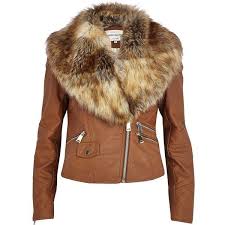River Island Tan Faux Fur Collar Biker Jacket Tan Leather Jacket Womens Fur Leather Jacket Vegan Leather Jacket