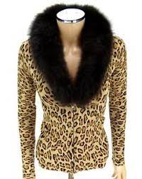 Cache Zipper Sweater Small Leopard Animal Print Fox Fur Collar Knit Cardigan Top Ebay