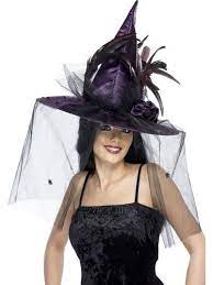 Witches Hat Purple With Feathers Smiffys Halloween Ebay Witch Fancy Dress Halloween Hats Halloween Fancy Dress