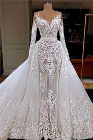 Long Sleeve Lace Wedding Dresses Online Tulle Overskirt Dresses For Weddings Online Wedding Dress Lace Bridal Gown Arabic Wedding Dresses