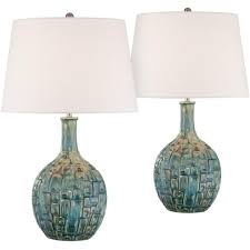 360 Lighting Mid Century Modern Table Lamps Set Of 2 Ceramic Teal Glaze Handcrafted White Empire Shade For Living Room Bedroom Target