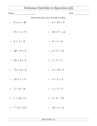 The Unknown Variables In Equations All Operations Range 1 To 9 Any Position A Math Wo Algebra Worksheets Solving Linear Equations Algebraic Expressions