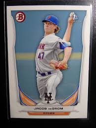 Jacob degrom became the fifth nl rookie to post an era under 2.75 and at least one strikeout per inning pitched. 2014 Bowman Bp73 Jacob Degrom New York Mets Rookie Baseball Card Bowman Newyorkmets Baseball Cards New York Mets Baseball New York Mets