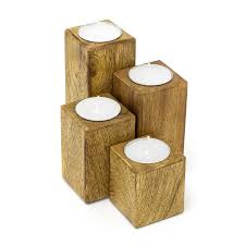 Rustic Set Of 4 Mango Wood Square Tea Light Holders With Votive Candle –  Carousel