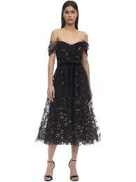 Marchesa Notte Off The Shoulder Flocked Glitter Tulle Midi Dress In Black Lyst