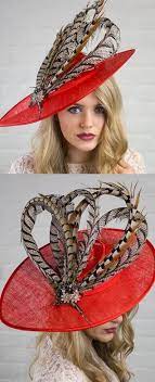 Bright Red With Pheasant Feathers Saucer Slice Designer Hat Fascinator Hatinator For Kentucky Derby Del Mar Epsom R Derby Outfits Hat Designs Ascot Outfits