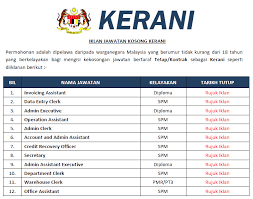 Kepada calon yang berminat, anda hendaklah menghantar maklumat permohonan secara terperinci merangkumi resume anda serta pengalaman bekerja yang lepas sekiranya diminta. Jawatan Kosong Kerani Kelayakan Pmr Spm Diploma Jawatan Kosong Kerajaan Swasta Terkini Malaysia 2021 2022