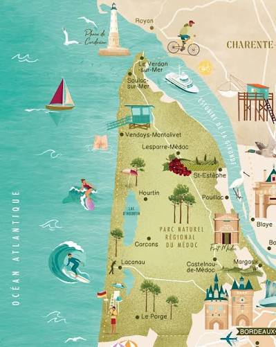 NOUVELLE CARTE 🗺️🍷🍇🏰 Heureuse de vous présenter enfin la petite dernière de la collection : la carte illustrée de la Gironde et de son estuaire ! Je l'avais commencé il y a