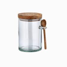 Recycled Glass Storage Jar With Wooden Lid And Spoon