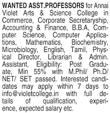 Apply for mca lecturer jobs in chennai. Annai Violet College Chennai Lecturer Jobs 2019 In Biochemistry Microbiology