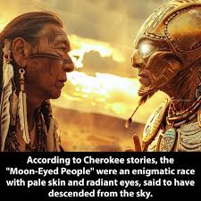 Cherokee legends reference the Moon-Eyed People, an intriguing race  distinguished by their pale skin and luminous eyes, purportedly originating  from the heavens. These enigmatic figures have inspired a plethora of  narratives and