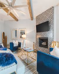 Modern Black And Blue Living Room Stunning Gold And Navy Living Room Featuring Black And White Patterned Tile Fireplace Black And Gold Living Room Silver Living Room White Sofa Living Room