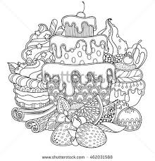 Magic Dessert Composition In Doodle Style Floral Ornate Decorative Sweets Design Elements Black And Coloring Books Coloring Pages Birthday Coloring Pages