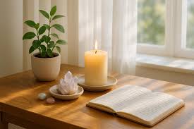 Cozy spiritual altar with candles, crystals, and plants for soft life spirituality. Position: In gentle practices.
