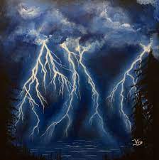 Glow In The Dark Art Lightning Storm Painting Sky Original Art Blue Night Dark Lake Forest Lightning Bolt Electricity Clouds Custom Art Sky Painting Lightning Art Storm Art